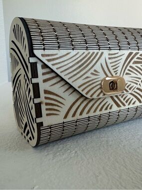 White & Natural Brown Laser-Cut Wooden Clutch with Gold Turn-Lock